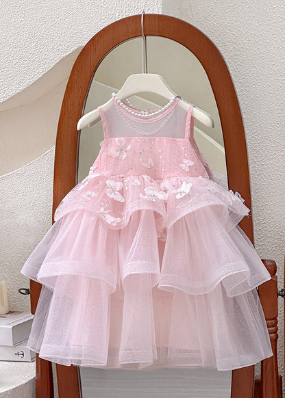 Fashion Pink Patchwork Butterfly Tulle Kids Vacation Maxi Dresses Sleeveless