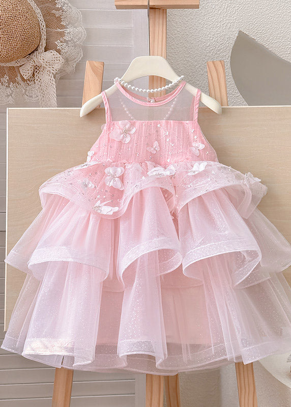 Fashion Pink Patchwork Butterfly Tulle Kids Vacation Maxi Dresses Sleeveless