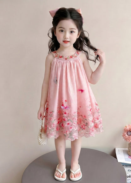 Fashion Pink Print Cotton Kids Girls Vacation Dress Sleeveless