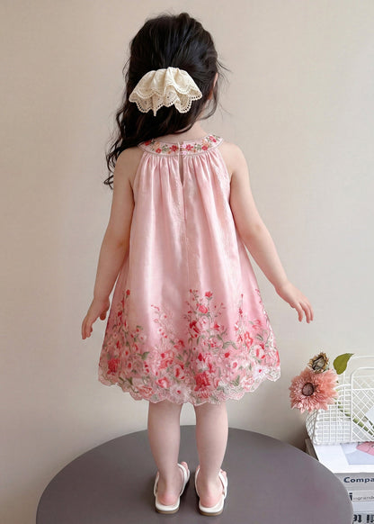 Fashion Pink Print Cotton Kids Girls Vacation Dress Sleeveless