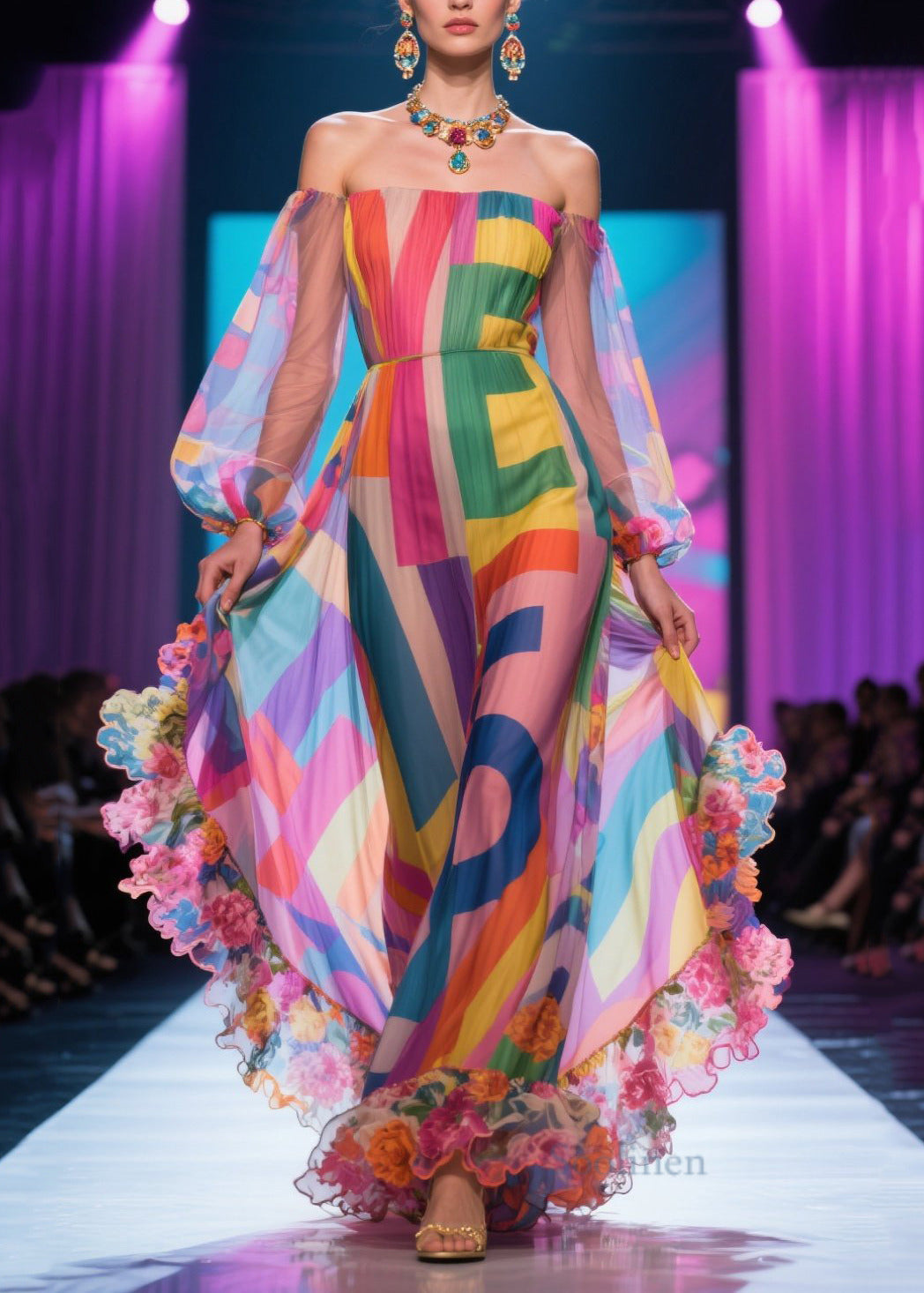 Fashion Pink Print Patchwork Ruffled Chiffon Strapless Dress Summer