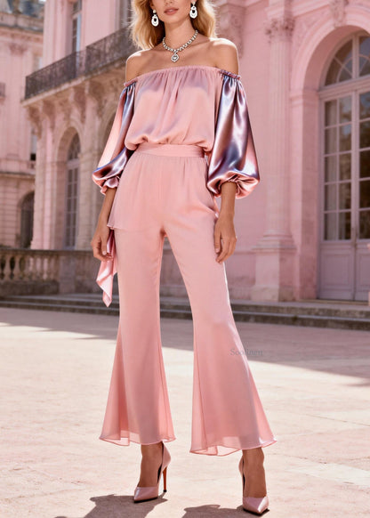 Fashion Pink Slash Neck Cold Shoulder Patchwork Silk Two-Piece Set Spring