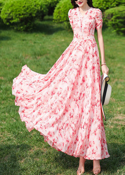 Fashion Pink V Neck Print Wrinkled Chiffon Long Dresses Summer