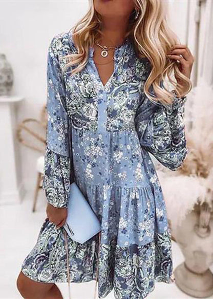 Fashion Pink V Neck Print Wrinkled Mid Dresses Fall