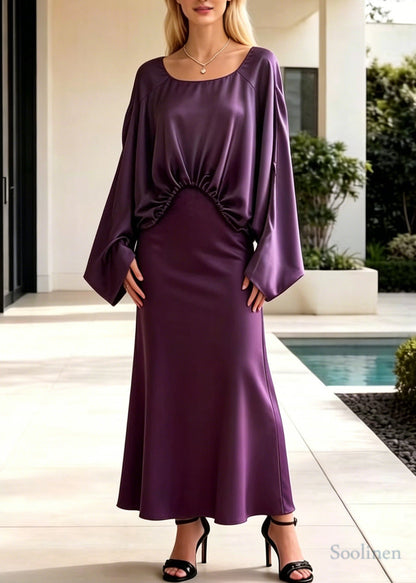 Fashion Purple Asymmetrical Design Draping Silk Two Pieces Set Batwing Sleeve