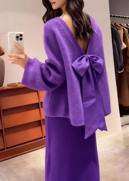 Fashion Purple Backless Bow Knit Two Piece Set Outfits Winter