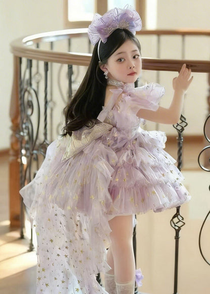 Fashion Purple Sequins Butterfly Tulle Kids Girls Dresses Summer