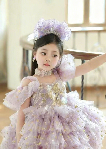 Fashion Purple Sequins Butterfly Tulle Kids Girls Dresses Summer