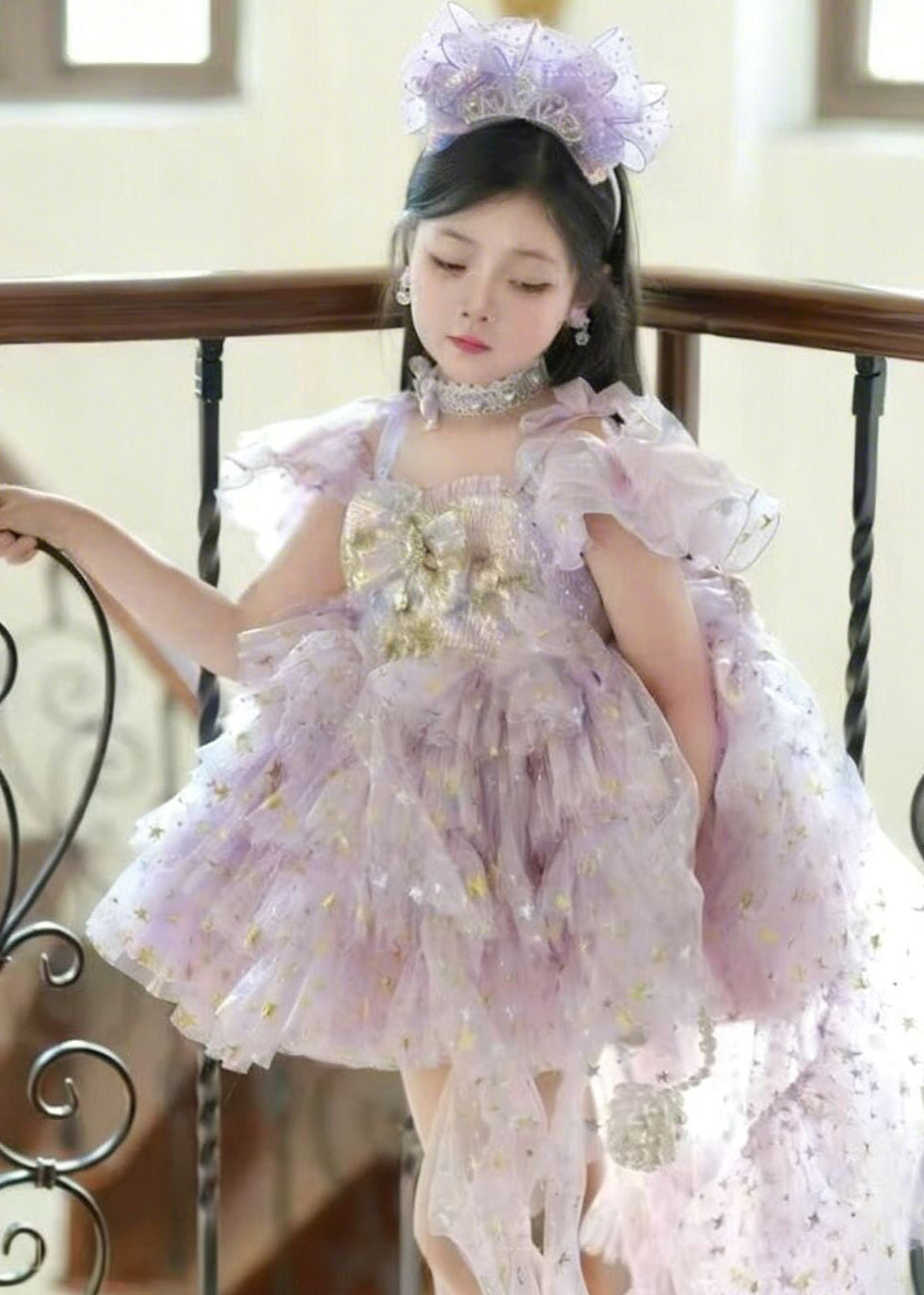 Fashion Purple Sequins Butterfly Tulle Kids Girls Dresses Summer