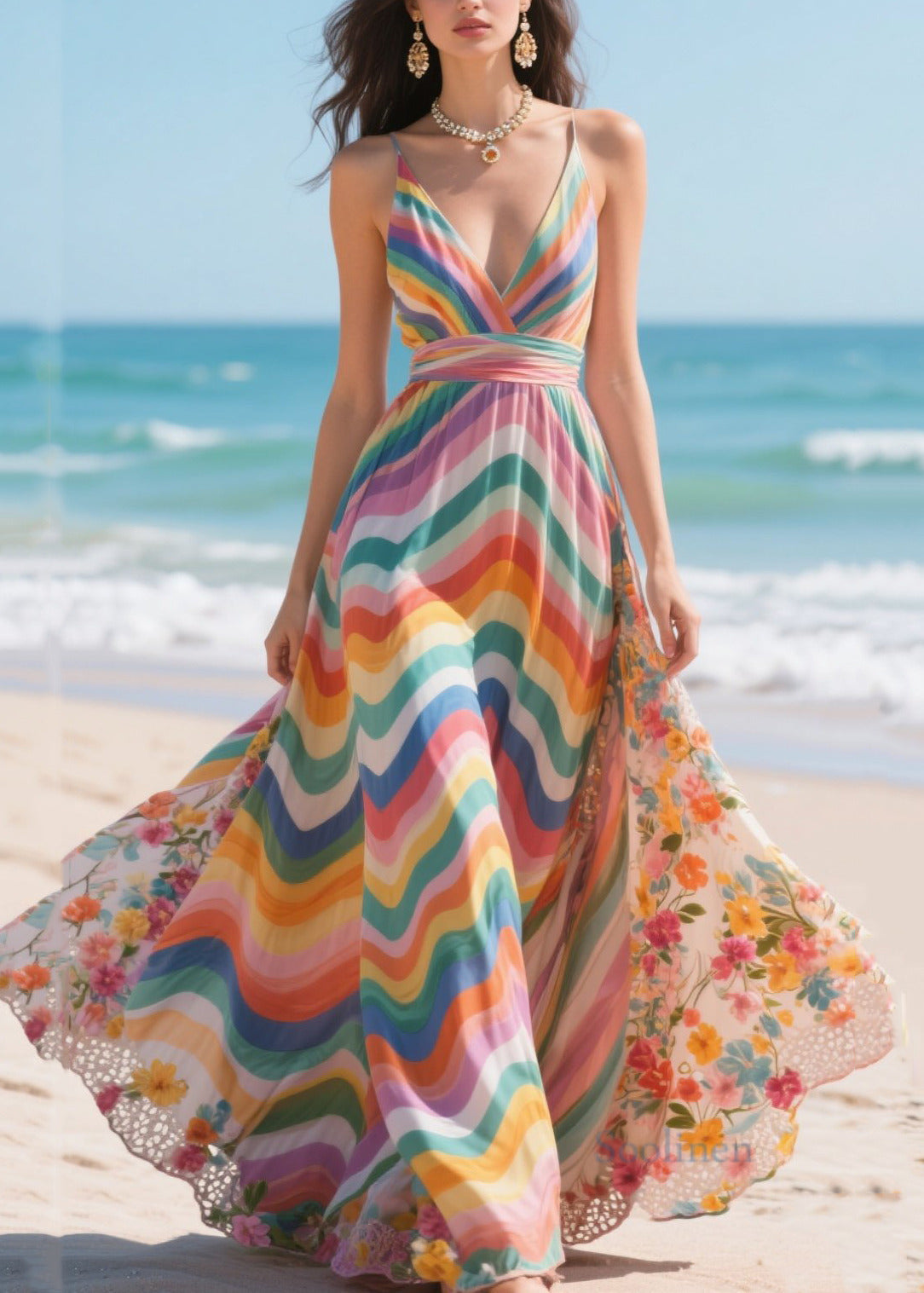 Fashion Rainbow Patchwork Exra Large Hem Chiffon Mini Dress Summer