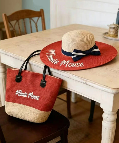 Fashion Red Letter Print Patchwork Bow Straw Woven Floppy Sun Hat And Shoulder Handbag Two Pieces Set