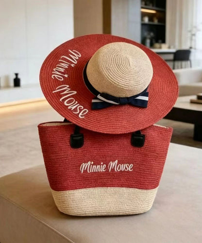 Fashion Red Letter Print Patchwork Bow Straw Woven Floppy Sun Hat And Shoulder Handbag Two Pieces Set