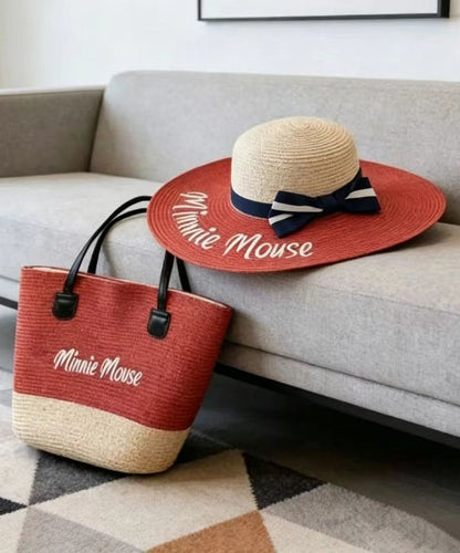 Fashion Red Letter Print Patchwork Bow Straw Woven Floppy Sun Hat And Shoulder Handbag Two Pieces Set