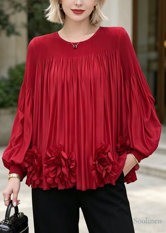 Fashion Red Oversized Floral Chiffon Shirt Top Lantern Sleeve