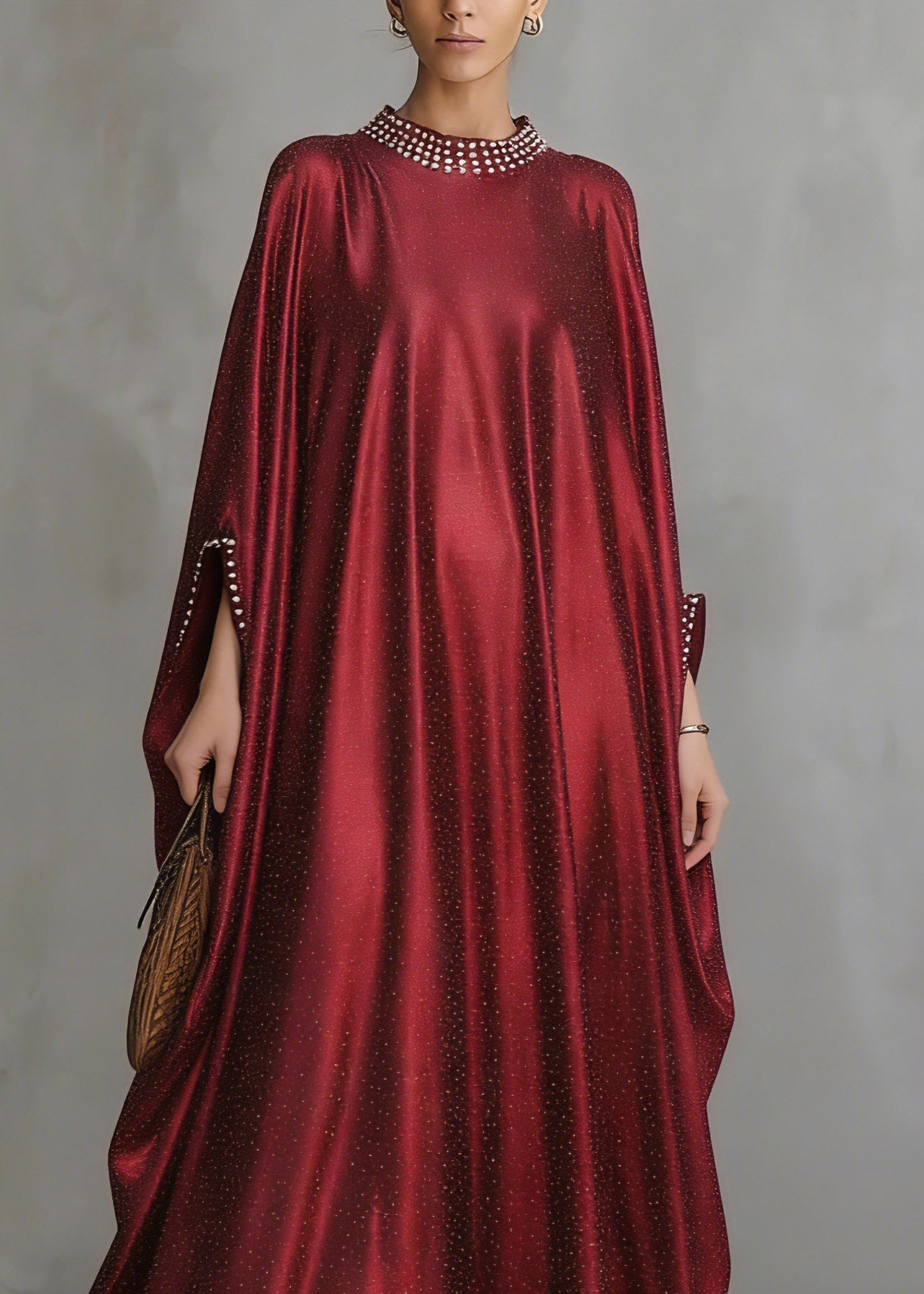 Fashion Red Patchwork Silk Maxi Dress Flare Sleeve