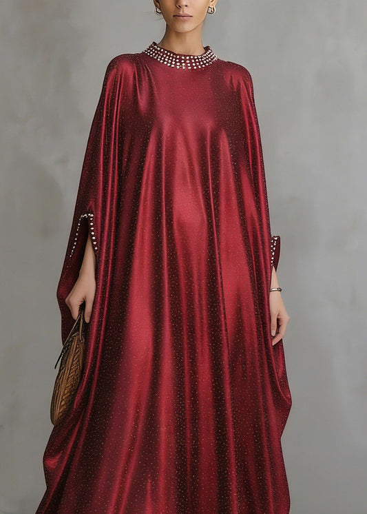 Fashion Red Patchwork Silk Maxi Dress Flare Sleeve