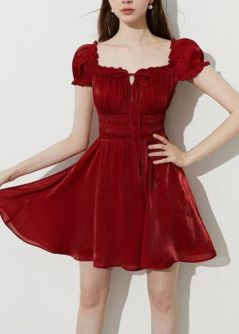 Fashion Red Square Collar Wrinkled Silk Mini Dress Summer