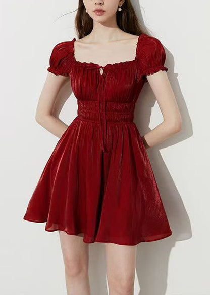 Fashion Red Square Collar Wrinkled Silk Mini Dress Summer