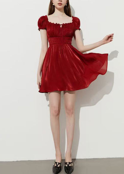 Fashion Red Square Collar Wrinkled Silk Mini Dress Summer