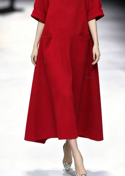 Fashion Red Turtleneck Pockets Solid Maxi Dresses Summer