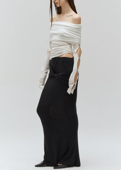 Fashion Sexy Black Hollow Out Cotton Two Pieces Set Fall
