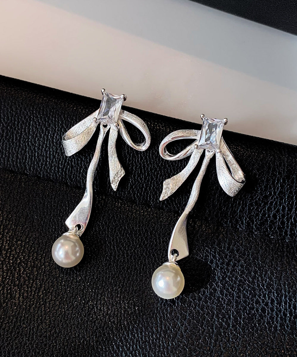 Fashion Silvery Bow Metal Pearl Pendant Fine Zircon Drop Earrings