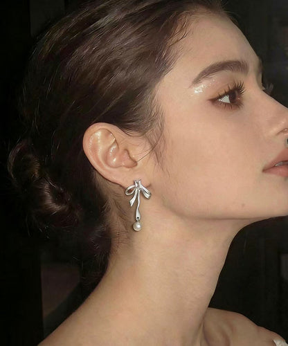 Fashion Silvery Bow Metal Pearl Pendant Fine Zircon Drop Earrings