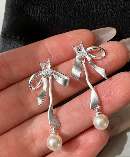 Fashion Silvery Bow Metal Pearl Pendant Fine Zircon Drop Earrings