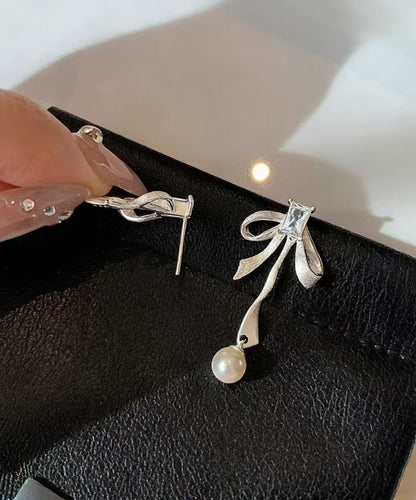 Fashion Silvery Bow Metal Pearl Pendant Fine Zircon Drop Earrings