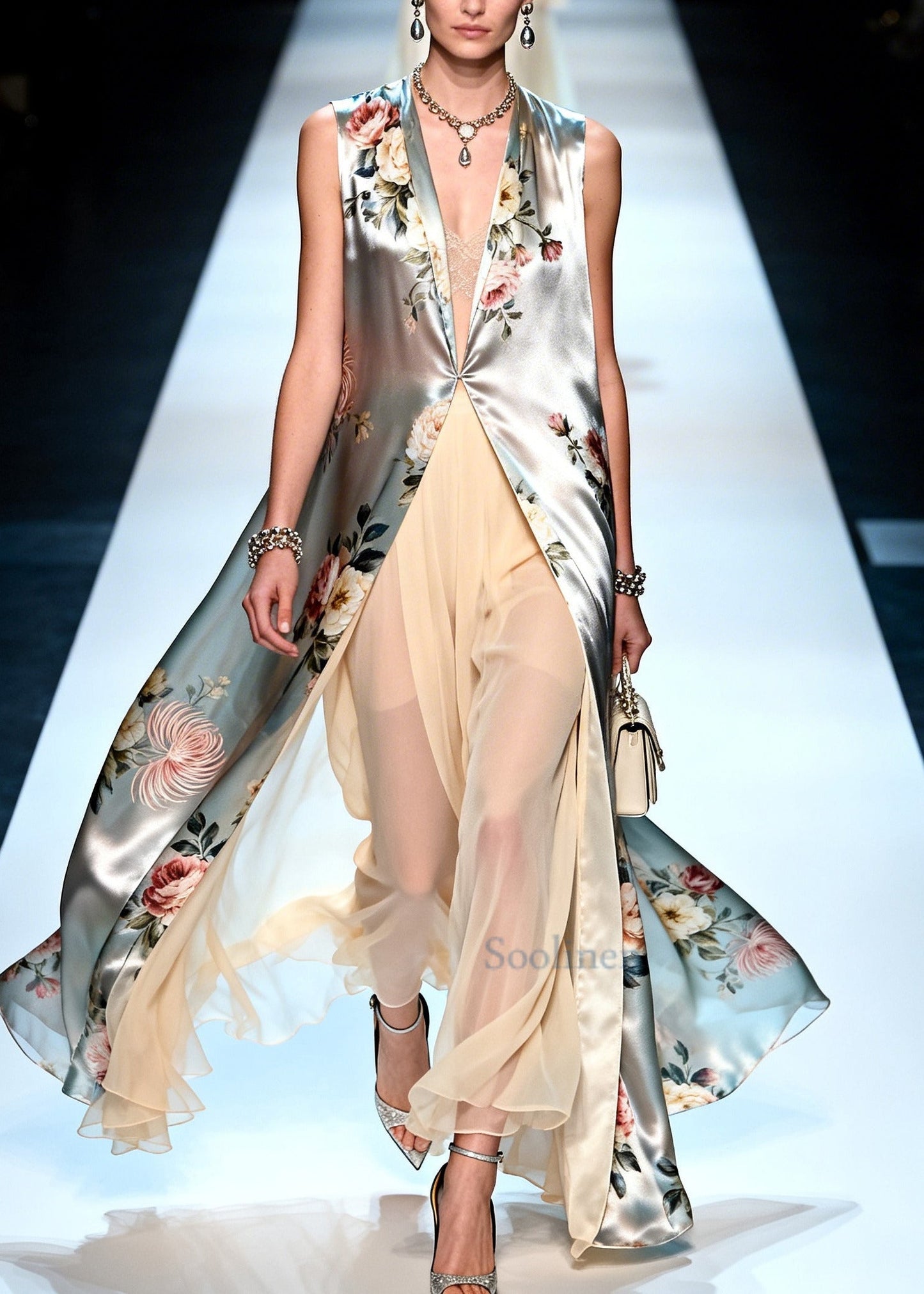 Fashion Silvery Print Chiffon Long Dress Two Pieces Set Summer
