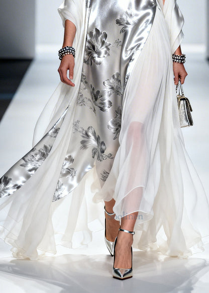Fashion Silvery Print Patchwork Draping Silk Long Dress Summer