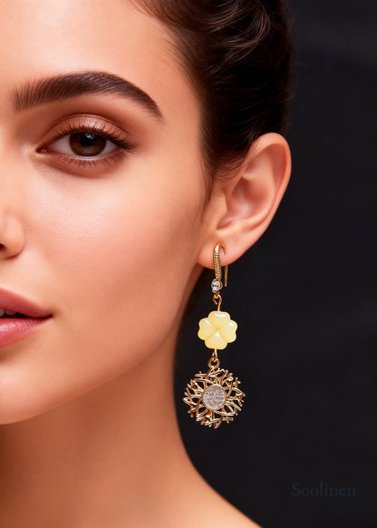Fashion Sunflower Zircon Fine Jade Drop Earrings