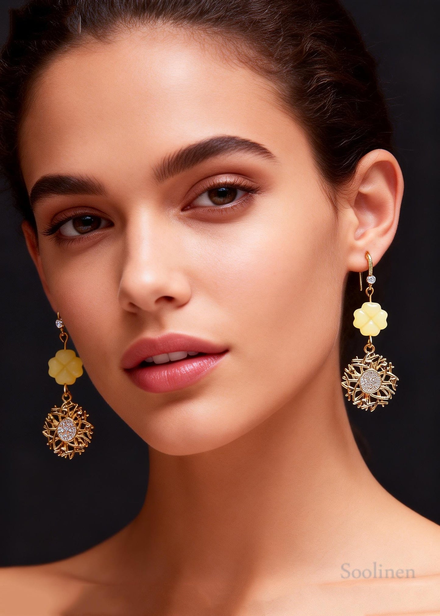 Fashion Sunflower Zircon Fine Jade Drop Earrings
