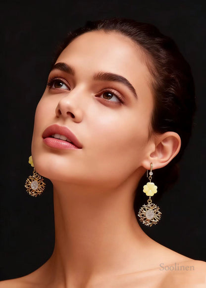 Fashion Sunflower Zircon Fine Jade Drop Earrings