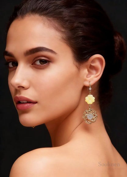 Fashion Sunflower Zircon Fine Jade Drop Earrings