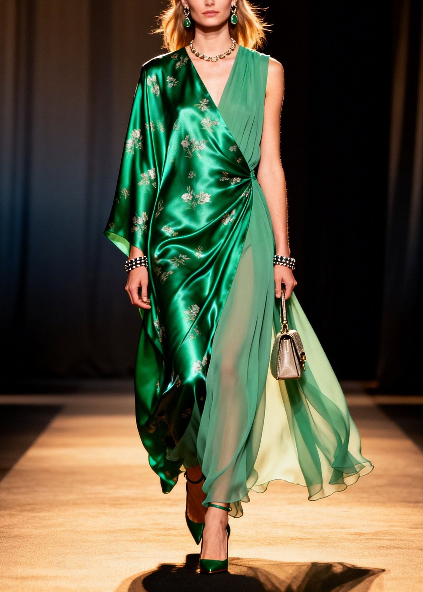 Fashion V Neck Asymmetrical Design Print Silk Long Dresses Summer