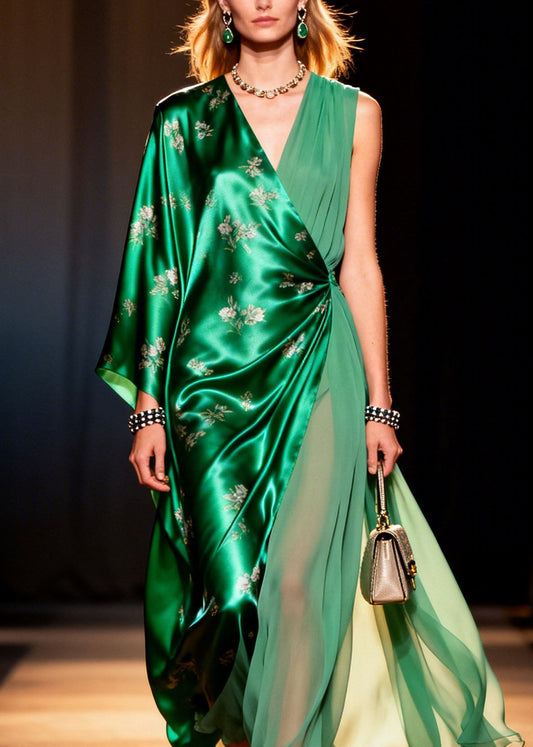 Fashion V Neck Asymmetrical Design Print Silk Long Dresses Summer