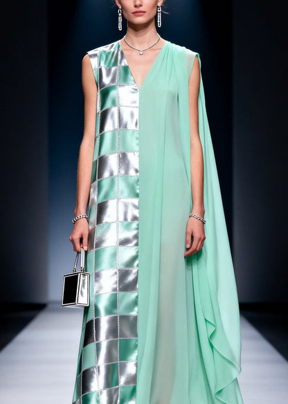 Fashion V Neck Plaid Print Chiffon Long Dress Summer