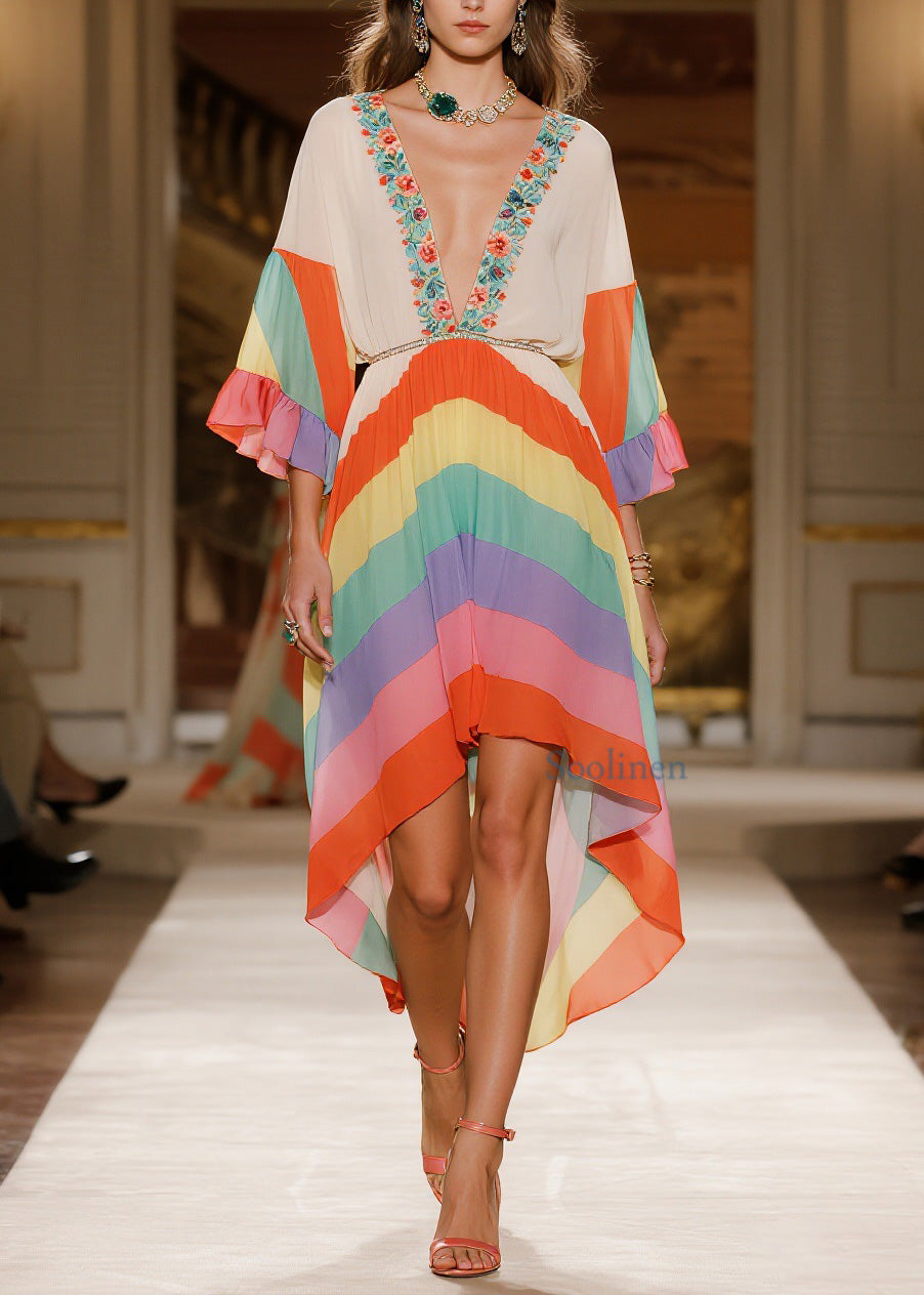 Fashion V Neck Print Low High Design Chiffon Dress Summer