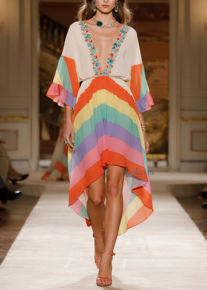 Fashion V Neck Print Low High Design Chiffon Dress Summer