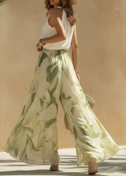 Fashion V Neck Ruffled Print Cotton Two Pieces Set Summer