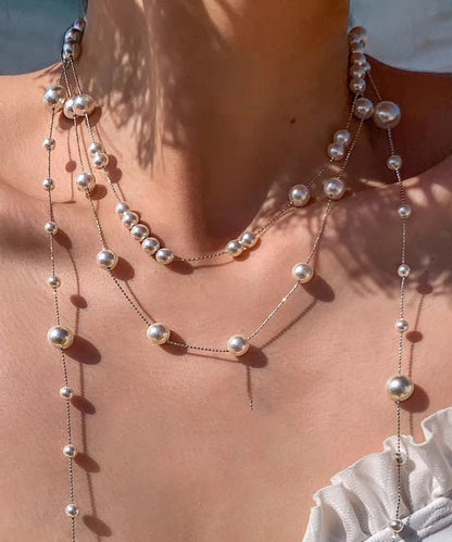 Fashion White Copper Overgild Double-Layer Pearl Lariat Necklace