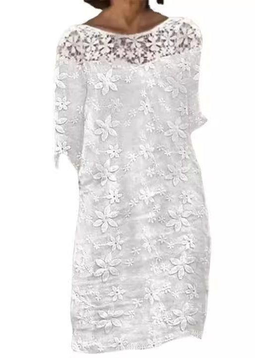 Fashion White O Neck Embroidered Patchwork Cotton Dress Summer