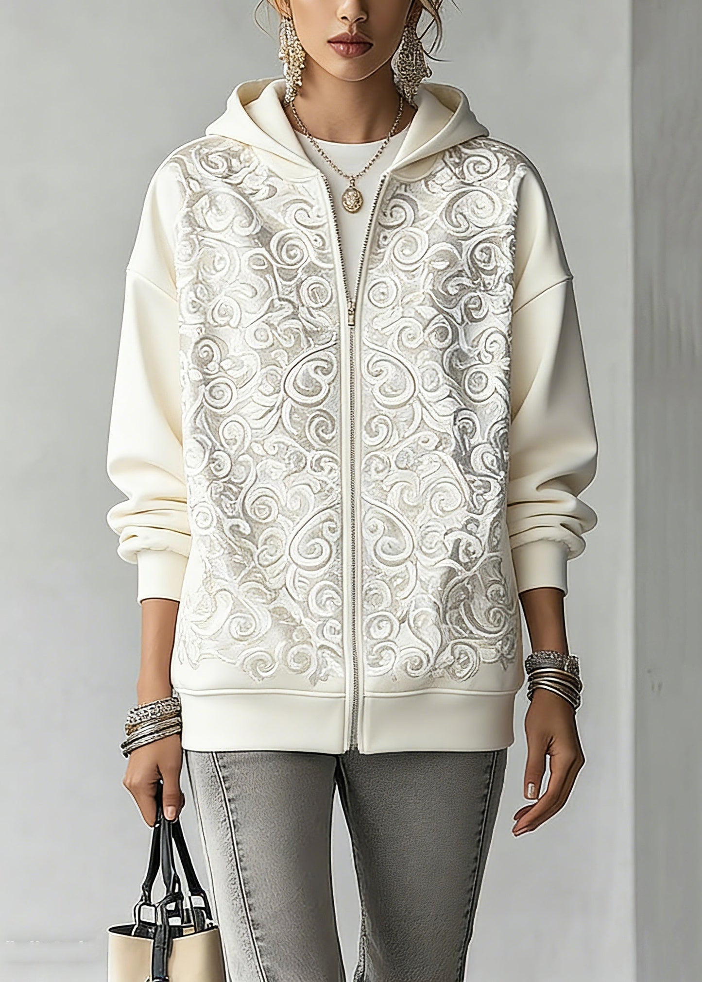 Fashion White Print Zippered Hoodies Fall Outwear