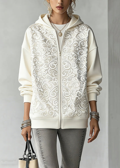 Fashion White Print Zippered Hoodies Fall Outwear