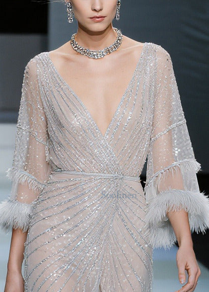 Fashion White Sequins Patchwork Faux Fur Tulle Dresses Summer