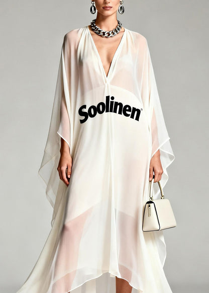 Fashion White V Neck Print Asymmetrical Chiffon Robe Dresses Summer