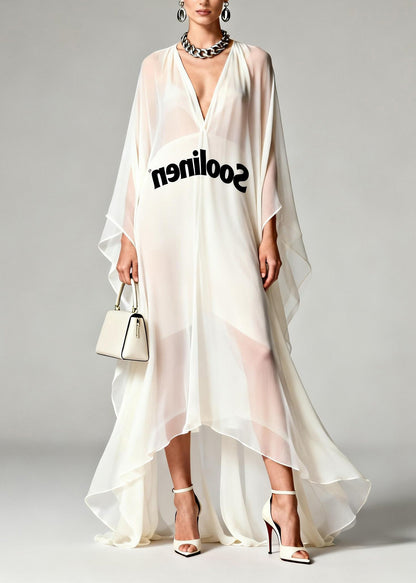 Fashion White V Neck Print Asymmetrical Chiffon Robe Dresses Summer