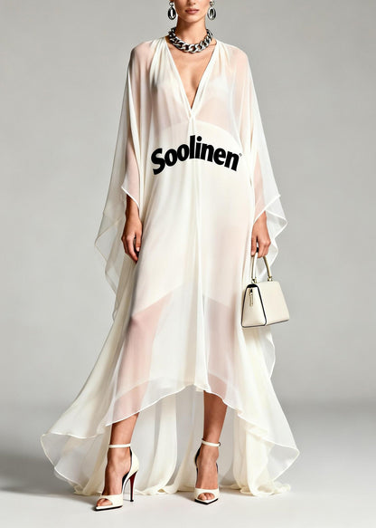 Fashion White V Neck Print Asymmetrical Chiffon Robe Dresses Summer