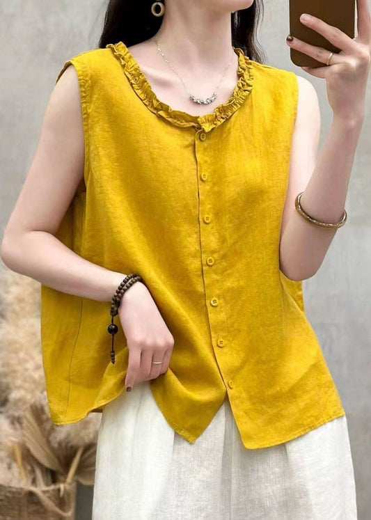 Fashion Yellow Ruffled Button Patchwork Linen Top Sleeveless